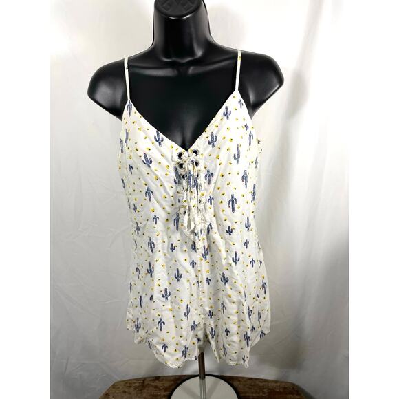 Forever 21 Cactus Print Lace-Up Romper White S - Picture 1 of 7
